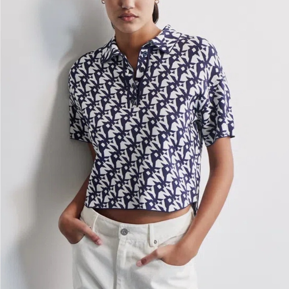DKNY NWT Navy White Monogram Print Cropped Polo Top Short Sleeve